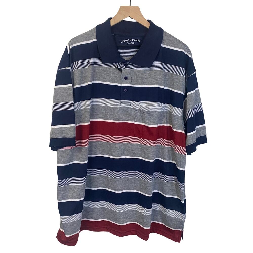 Casual Concepts NWT Men's Striped Short Sleeve Polo Shirt Navy Red Grey Sz 3XL